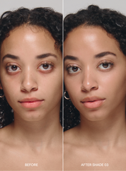 Before and after comparison of a woman's face with 'Before' on the left and 'After Shade 03' on the right, wearing acne-safe skin tint