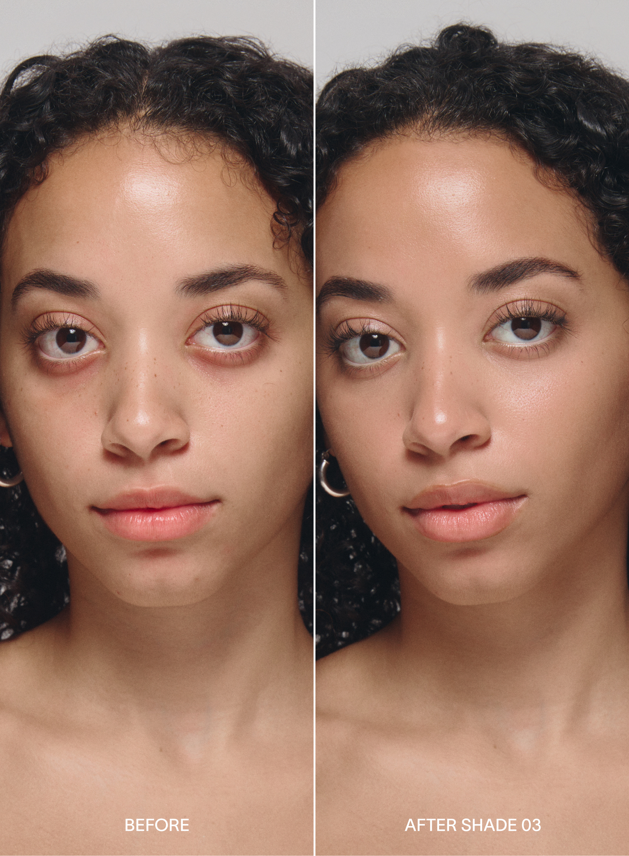 Before and after comparison of a woman's face with 'Before' on the left and 'After Shade 03' on the right, wearing acne-safe skin tint