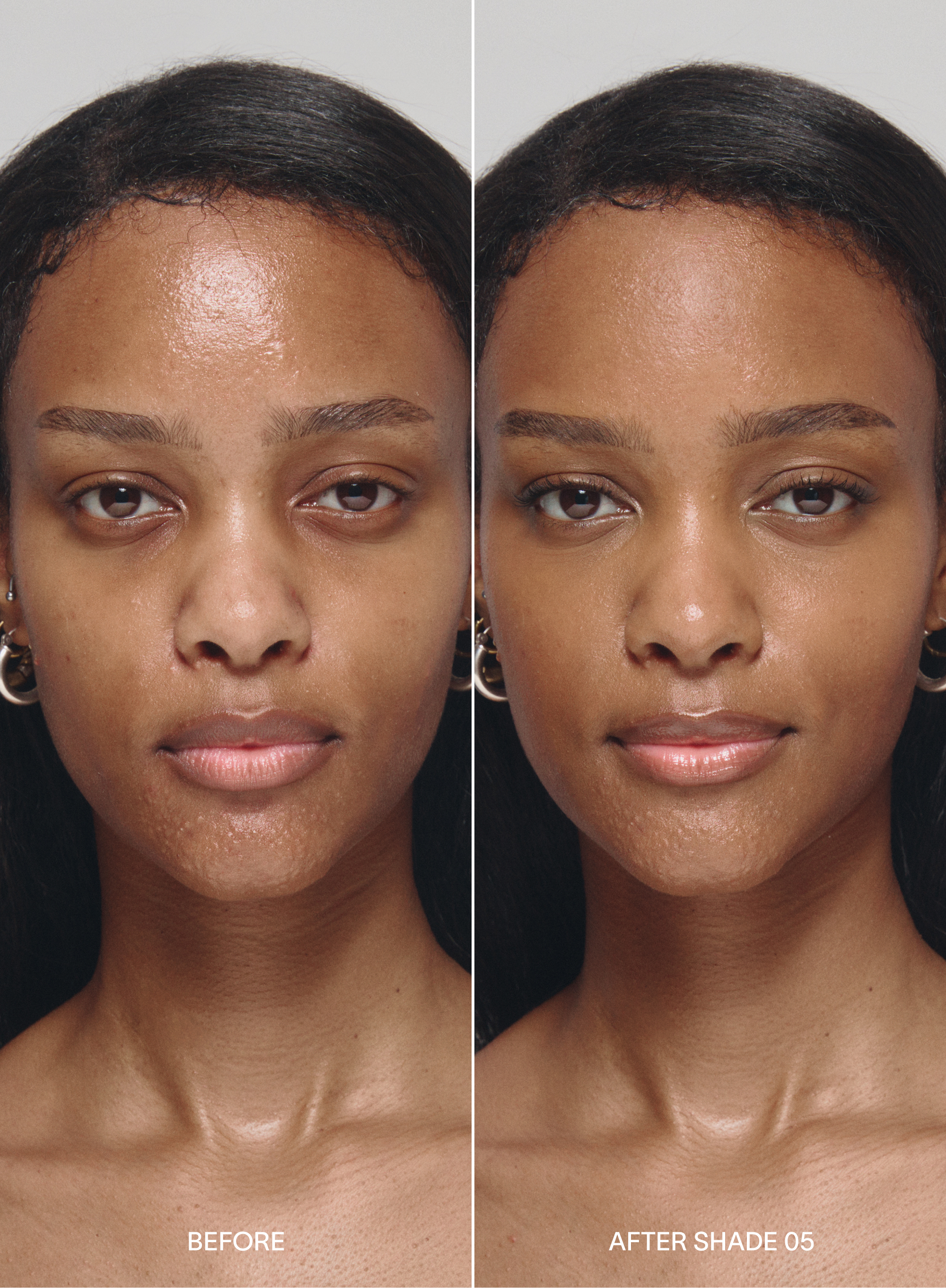 Before and after comparison of a woman's face with 'Before' on the left and 'After Shade 05' on the right, wearing acne-safe skin tint