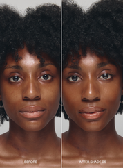 Before and after comparison of a woman's face with 'Before' on the left and 'After Shade 06' on the right, wearing acne-safe skin tint
