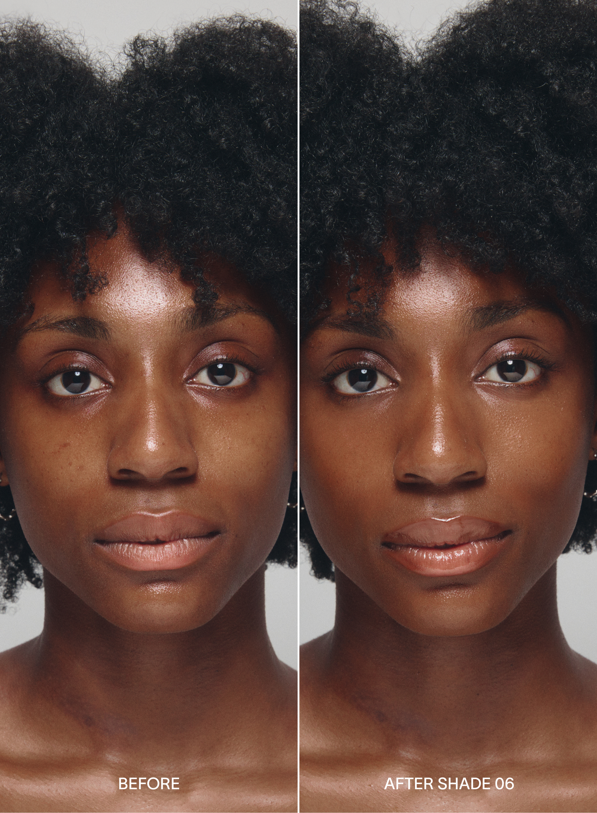 Before and after comparison of a woman's face with 'Before' on the left and 'After Shade 06' on the right, wearing acne-safe skin tint
